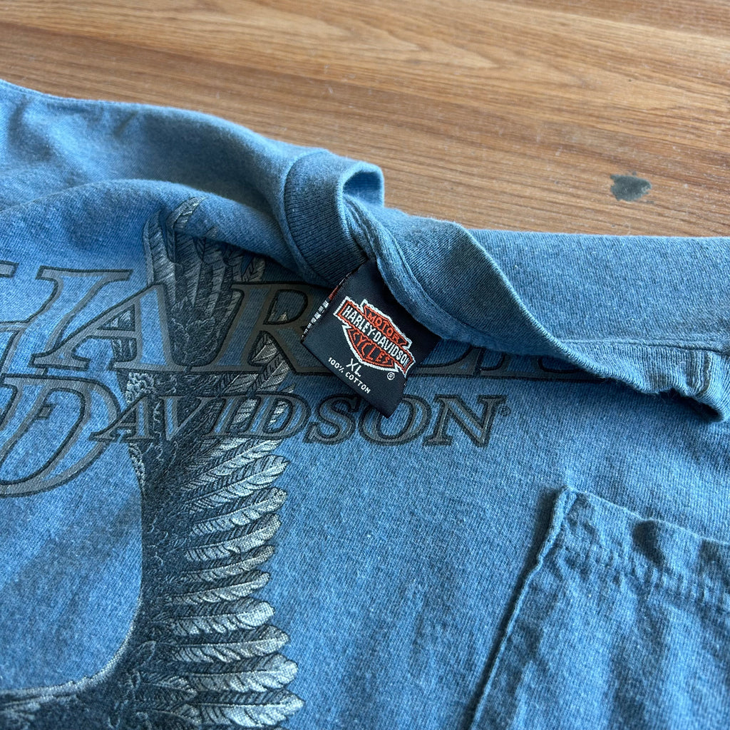 Vintage Harley Davidson Blue Eagle Pocket T-shirt - Size XL