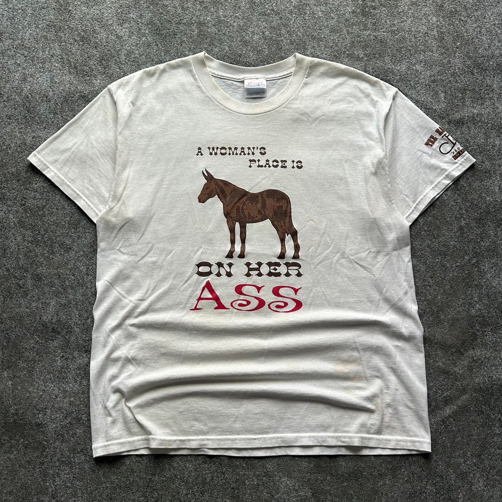 Vintage A Women’s Place Is On Her Ass Bar Parody T-shirt