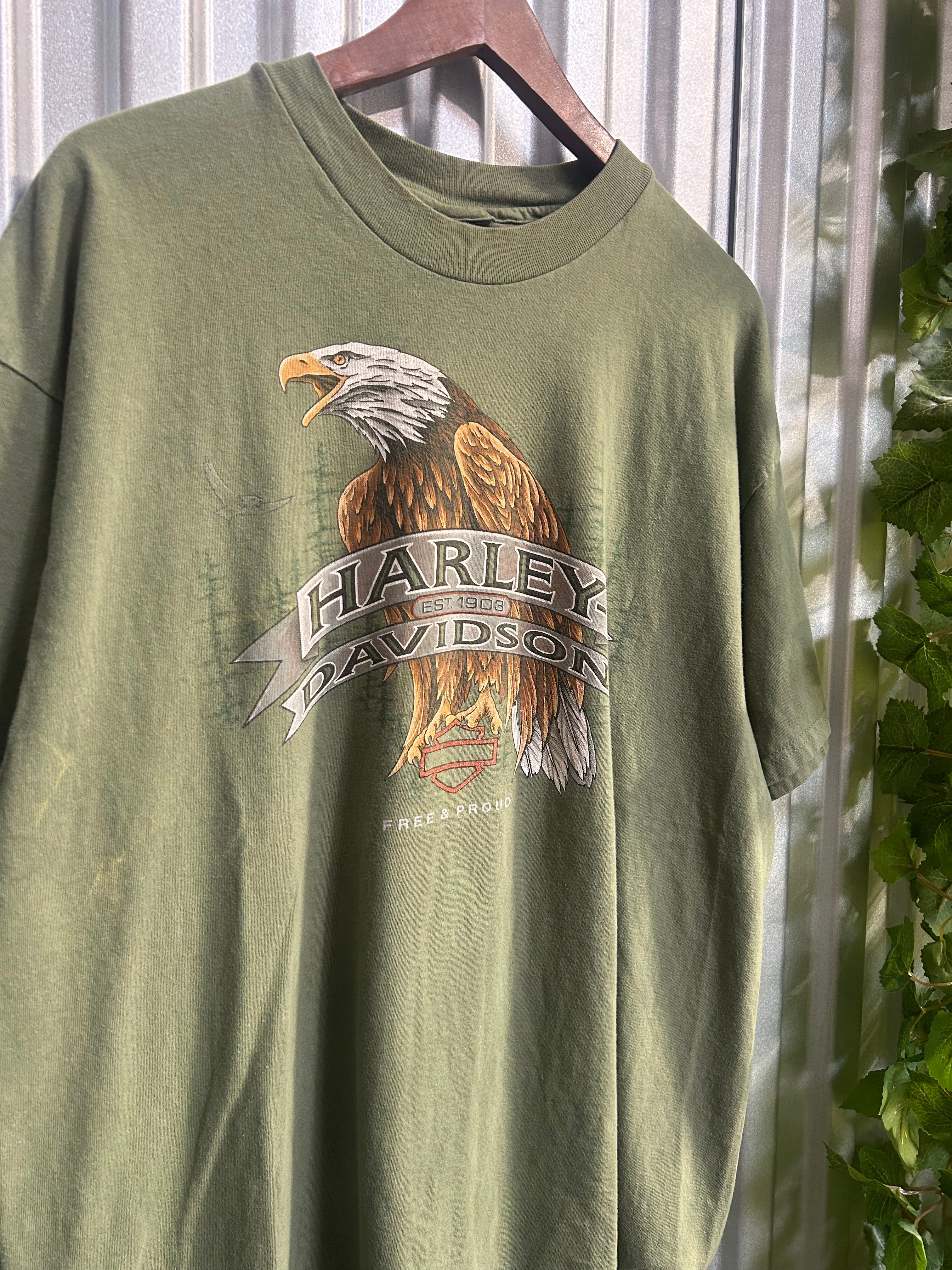 Vintage Harley Davidson Green Free & Proud Eagle T-shirt - Size Xl