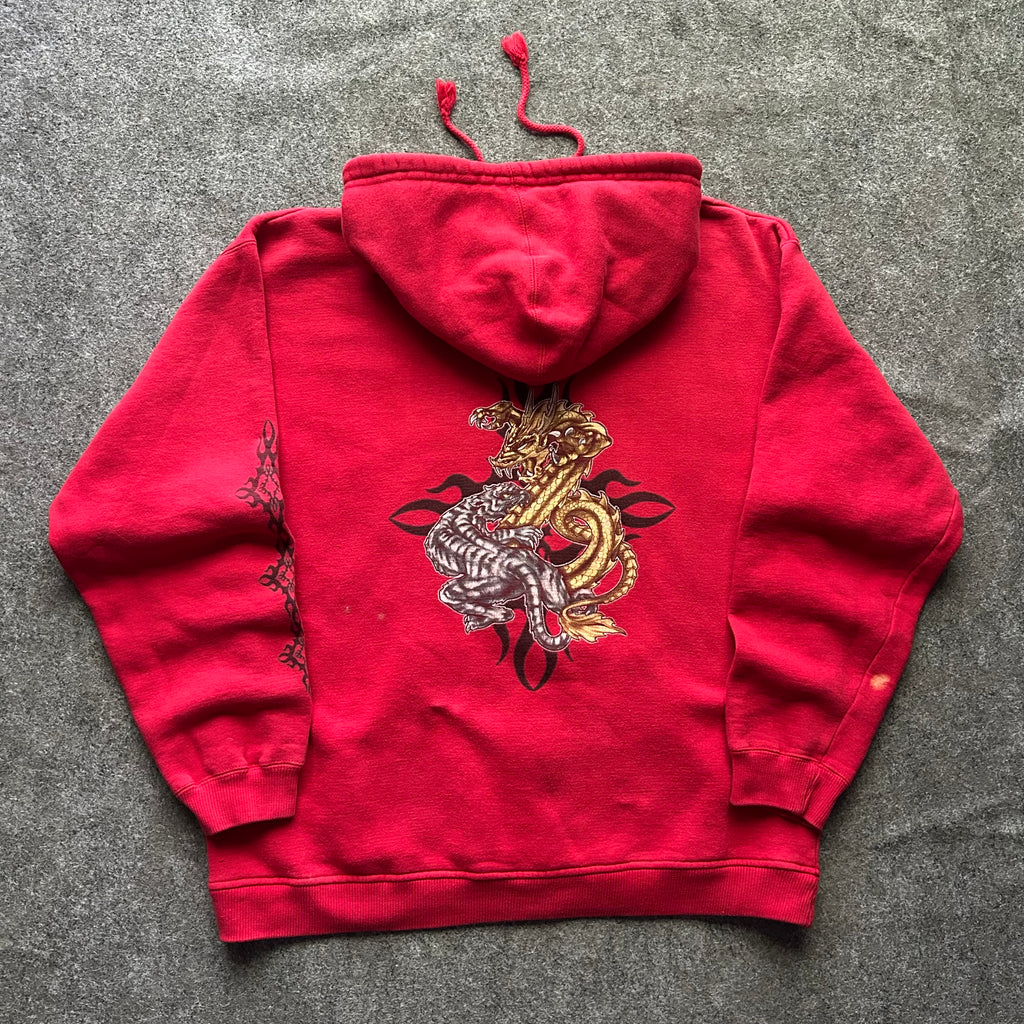 Vintage Y2K Dragon And Tiger Tribal Red Zip Up Hoodie