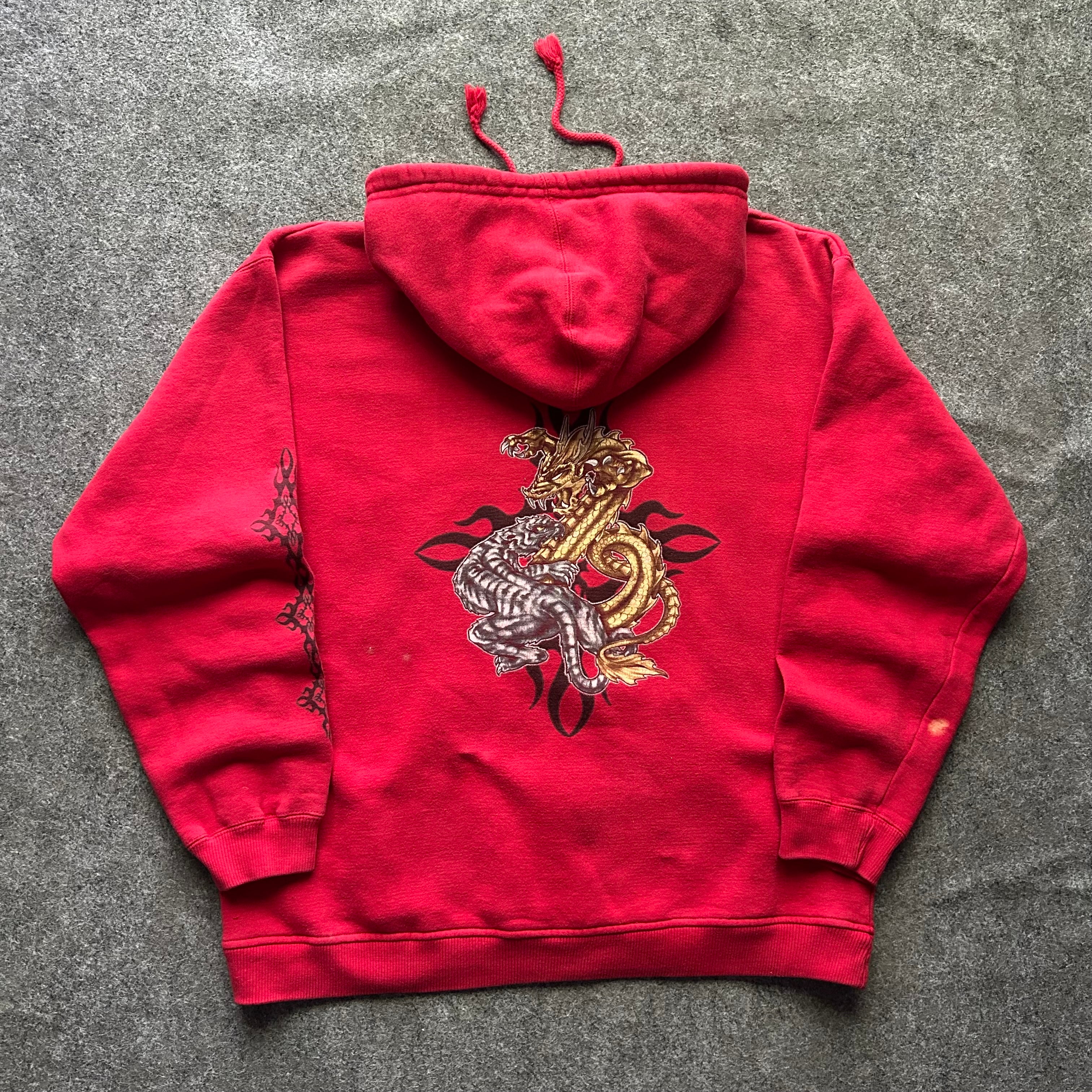 Vintage Y2K Dragon And Tiger Tribal Red Zip Up Hoodie