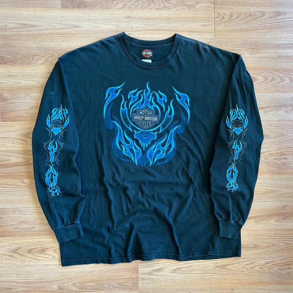 Vintage Harley Davidson Blue Flame Long Sleeve Shirt - Size XL