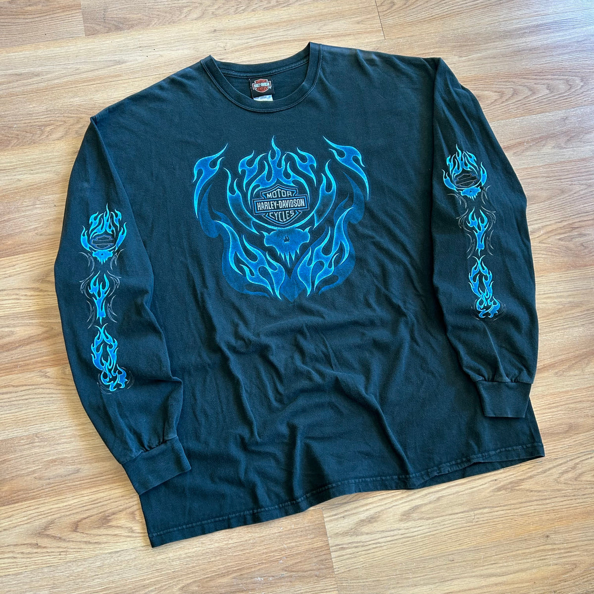 Vintage Harley Davidson Blue Flame Long Sleeve Shirt - Size XL