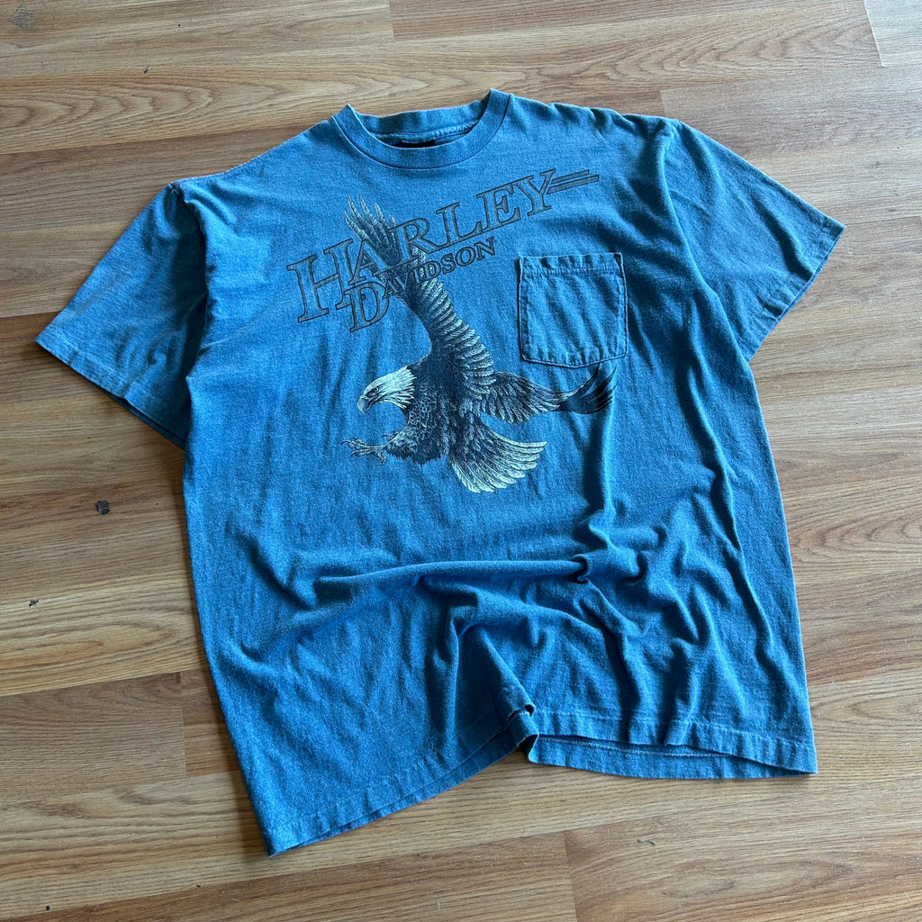 Vintage Harley Davidson Blue Eagle Pocket T-shirt - Size XL
