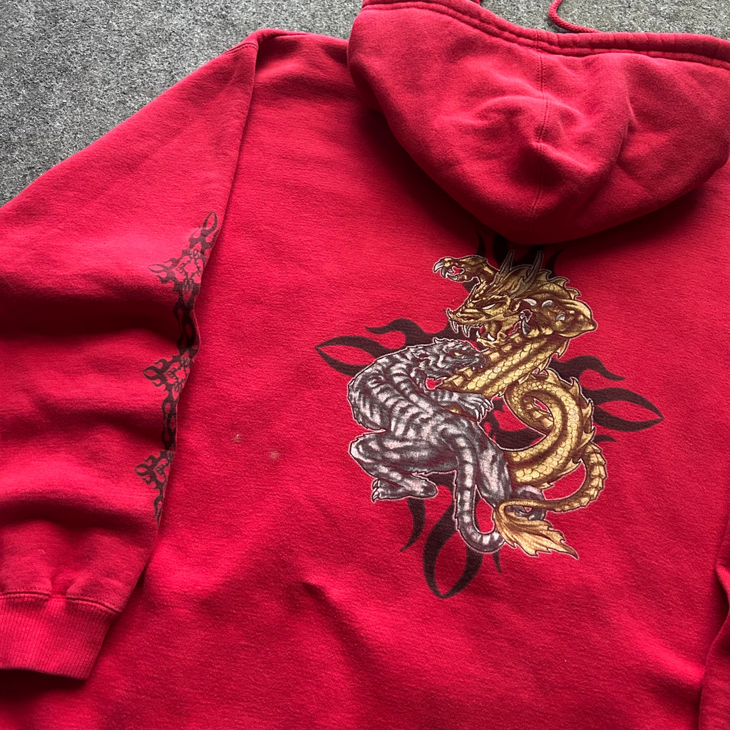 Vintage Y2K Dragon And Tiger Tribal Red Zip Up Hoodie