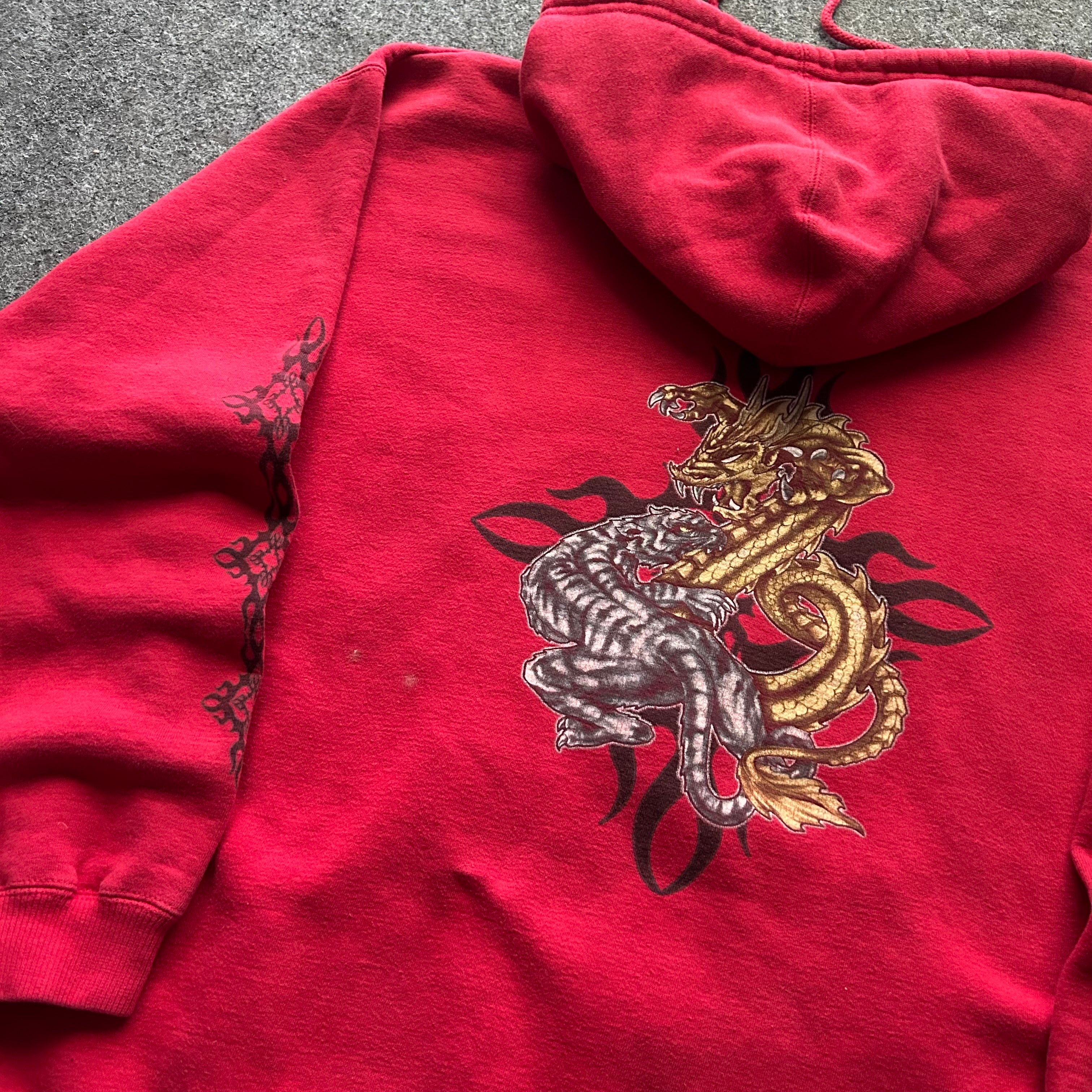 Vintage Y2K Dragon And Tiger Tribal Red Zip Up Hoodie