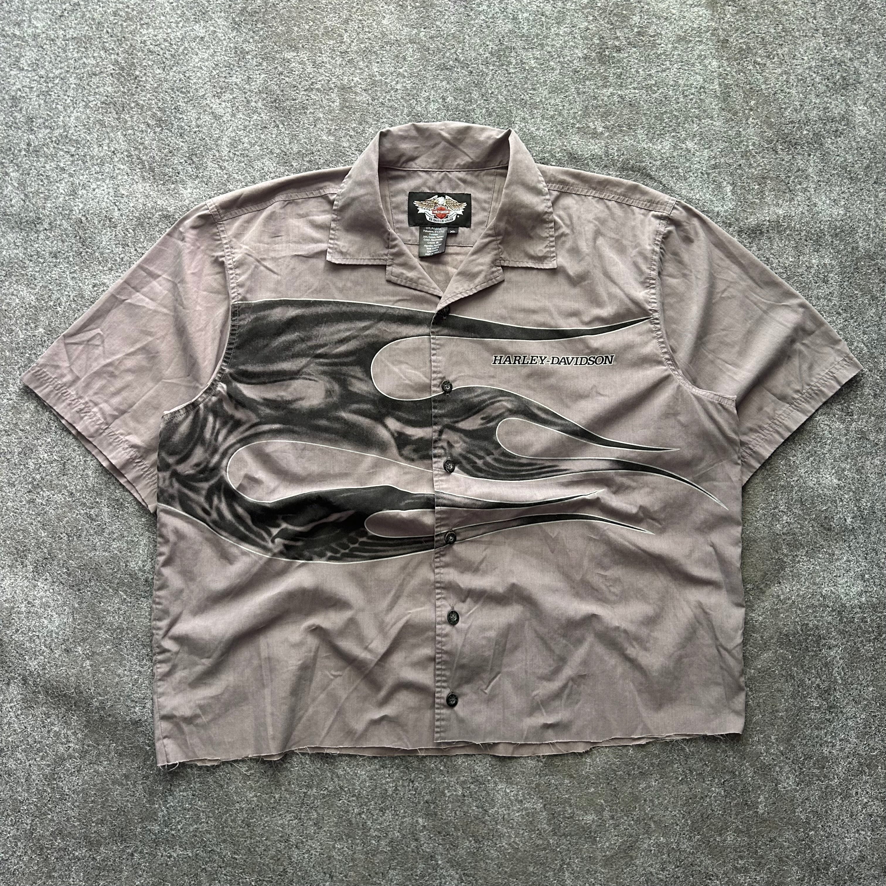 Vintage Harley Davidson Flame Button Up Cropped Shirt