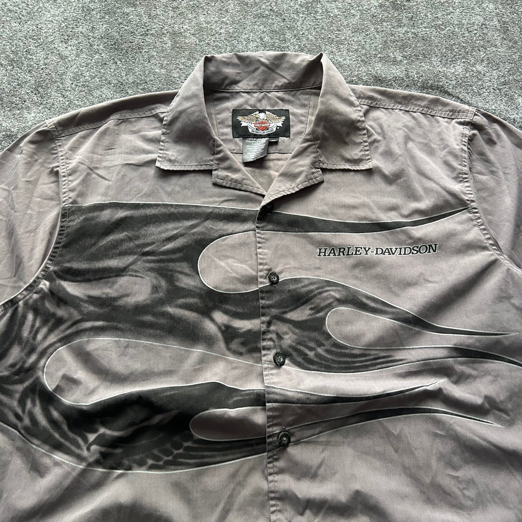 Vintage Harley Davidson Flame Button Up Cropped Shirt