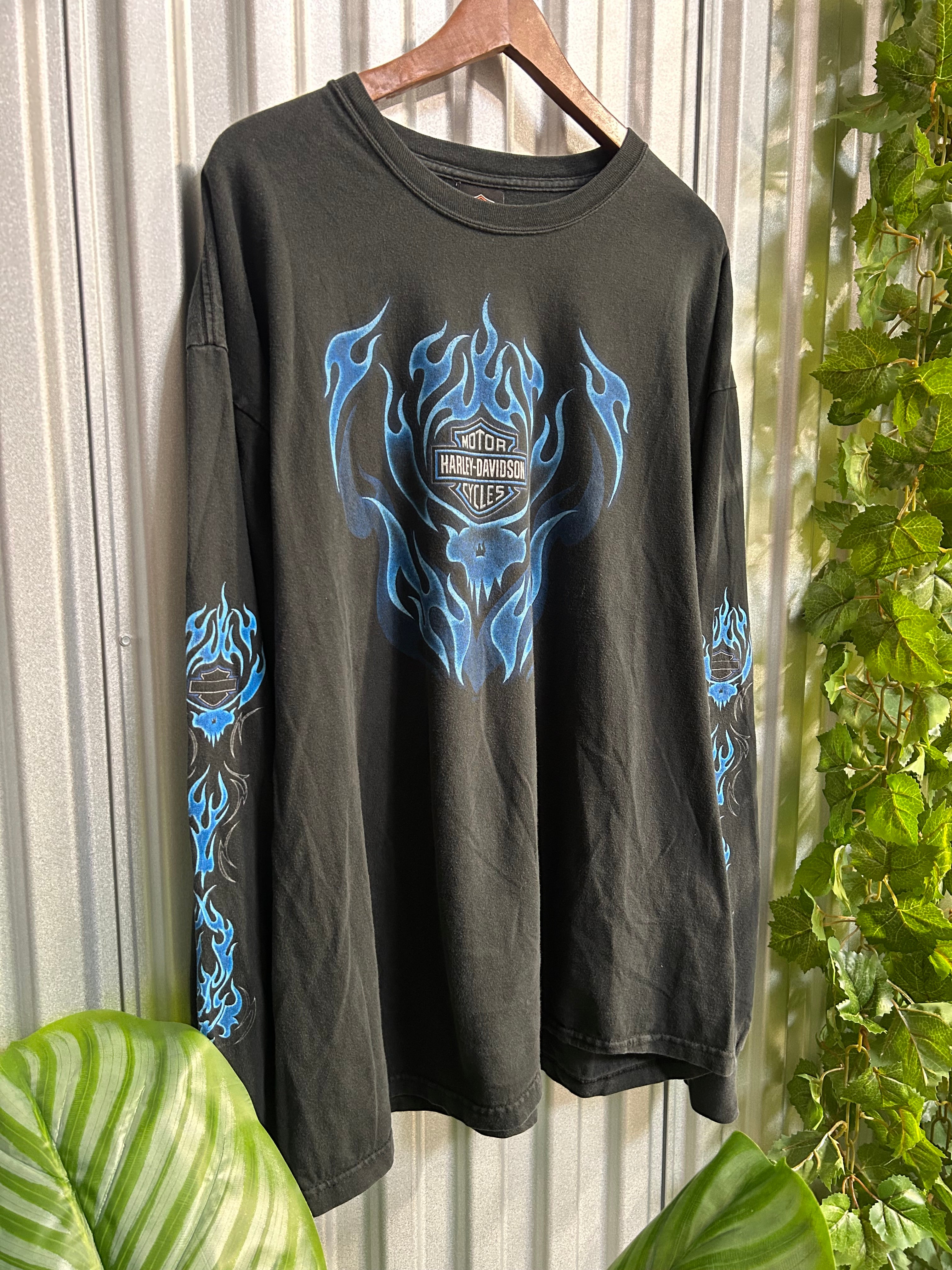 Vintage Harley Davidson Blue Flame Long Sleeve Shirt - Size 2XL