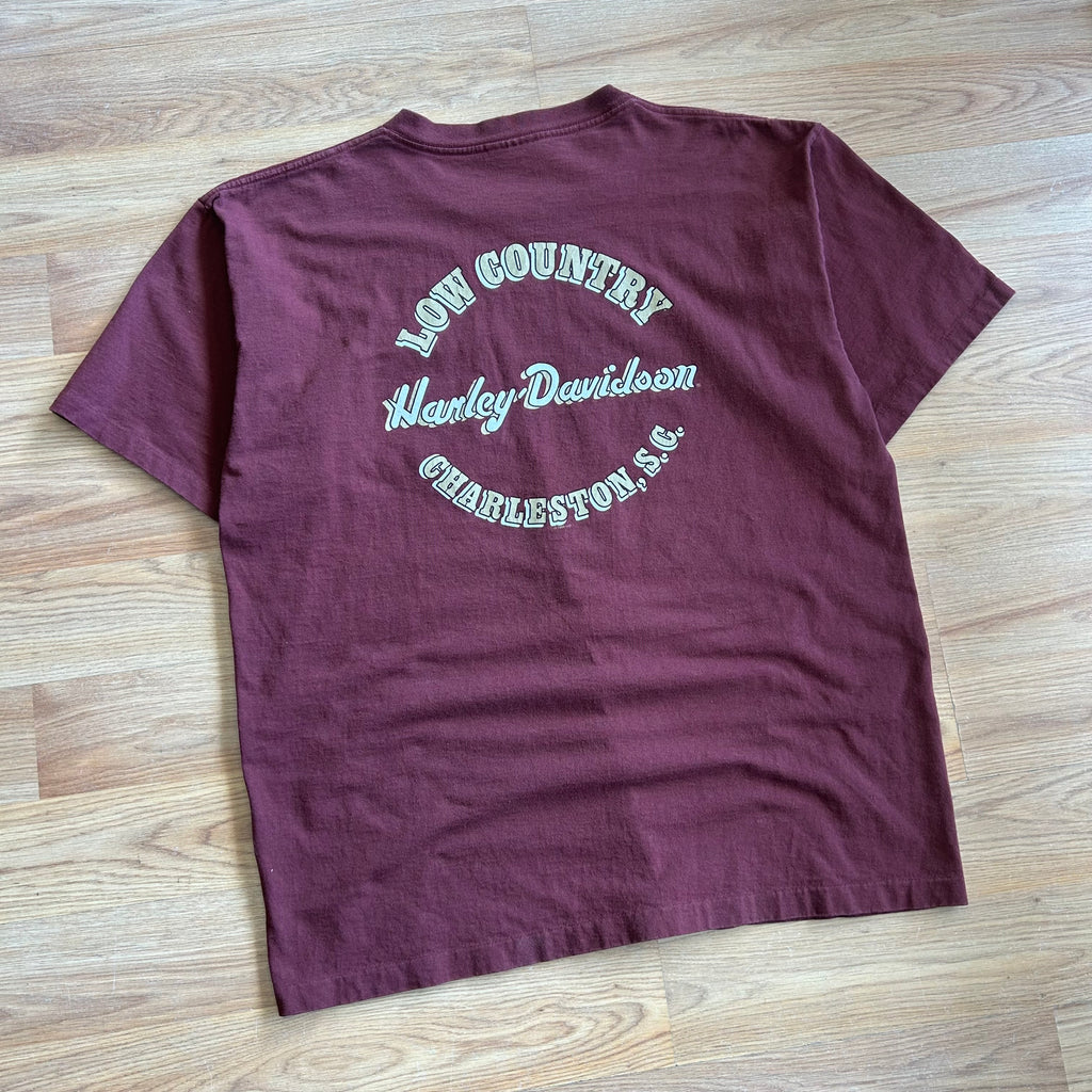 Vintage Harley Davidson Burgundy Red Pocket T-shirt - Size XL