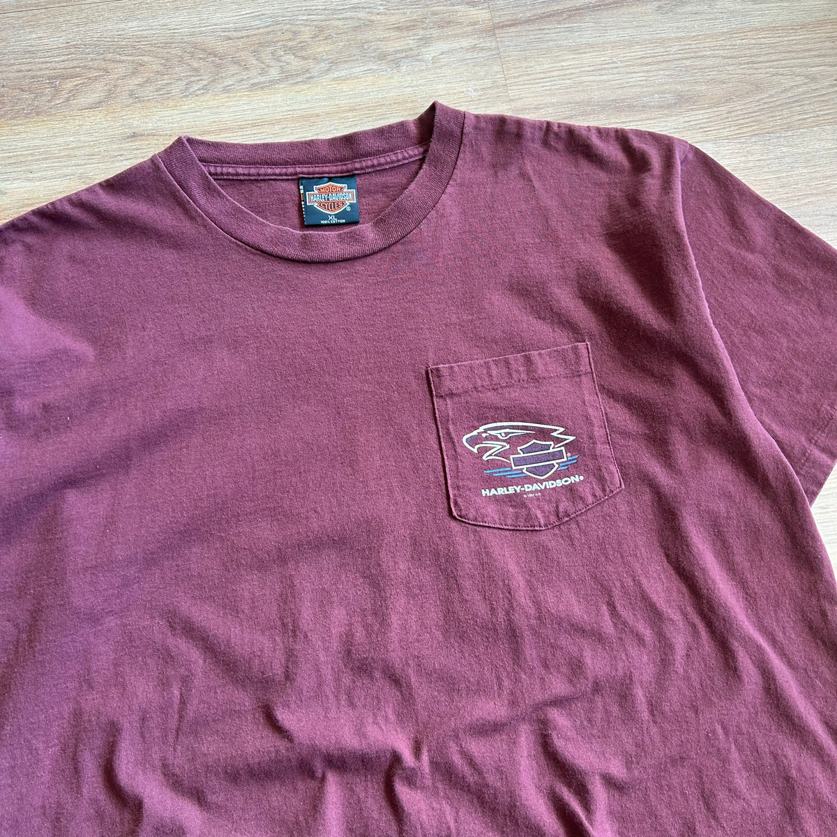 Vintage Harley Davidson Burgundy Red Pocket T-shirt - Size XL