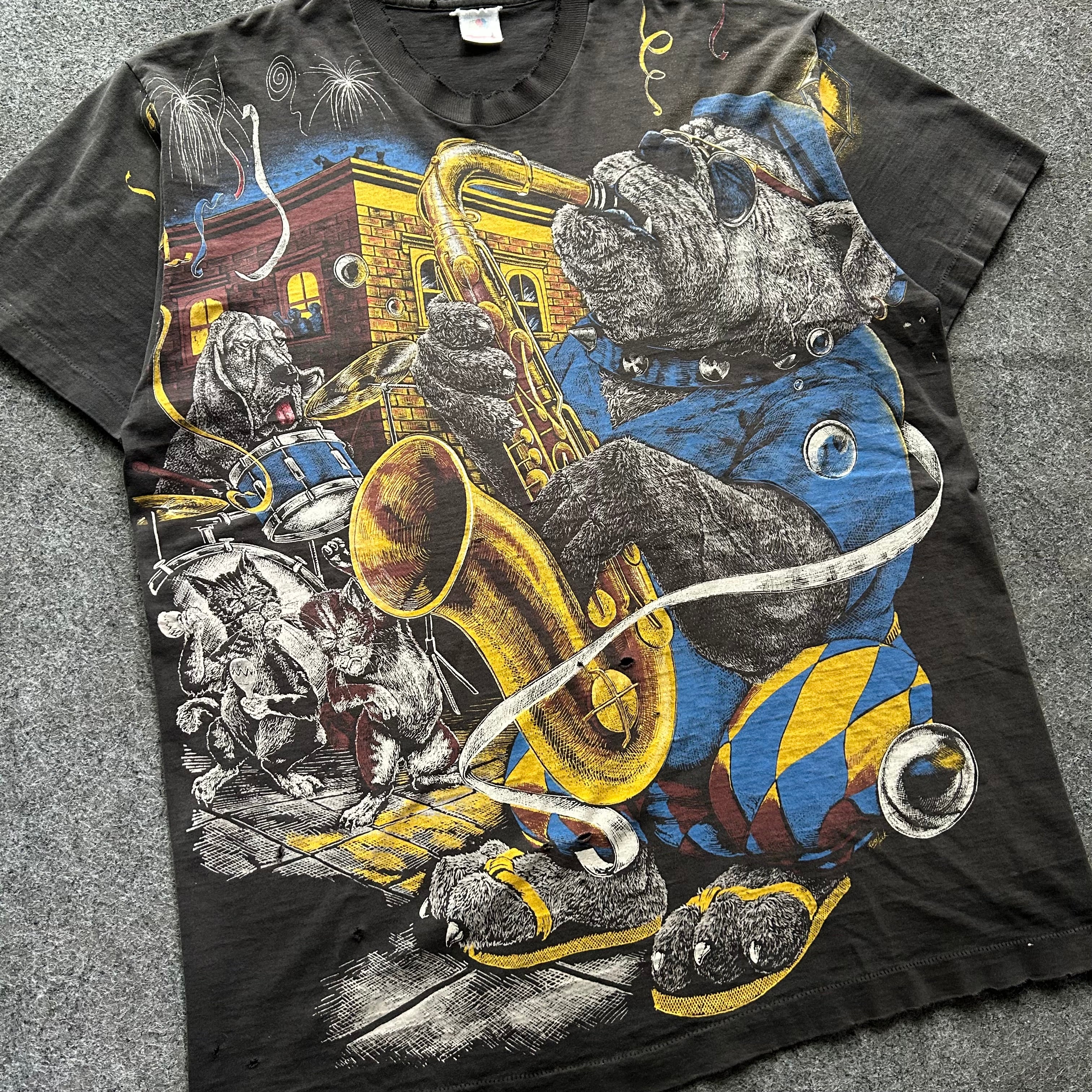 Vintage Thrashed Bad Dog Jazz AOP T-shirt