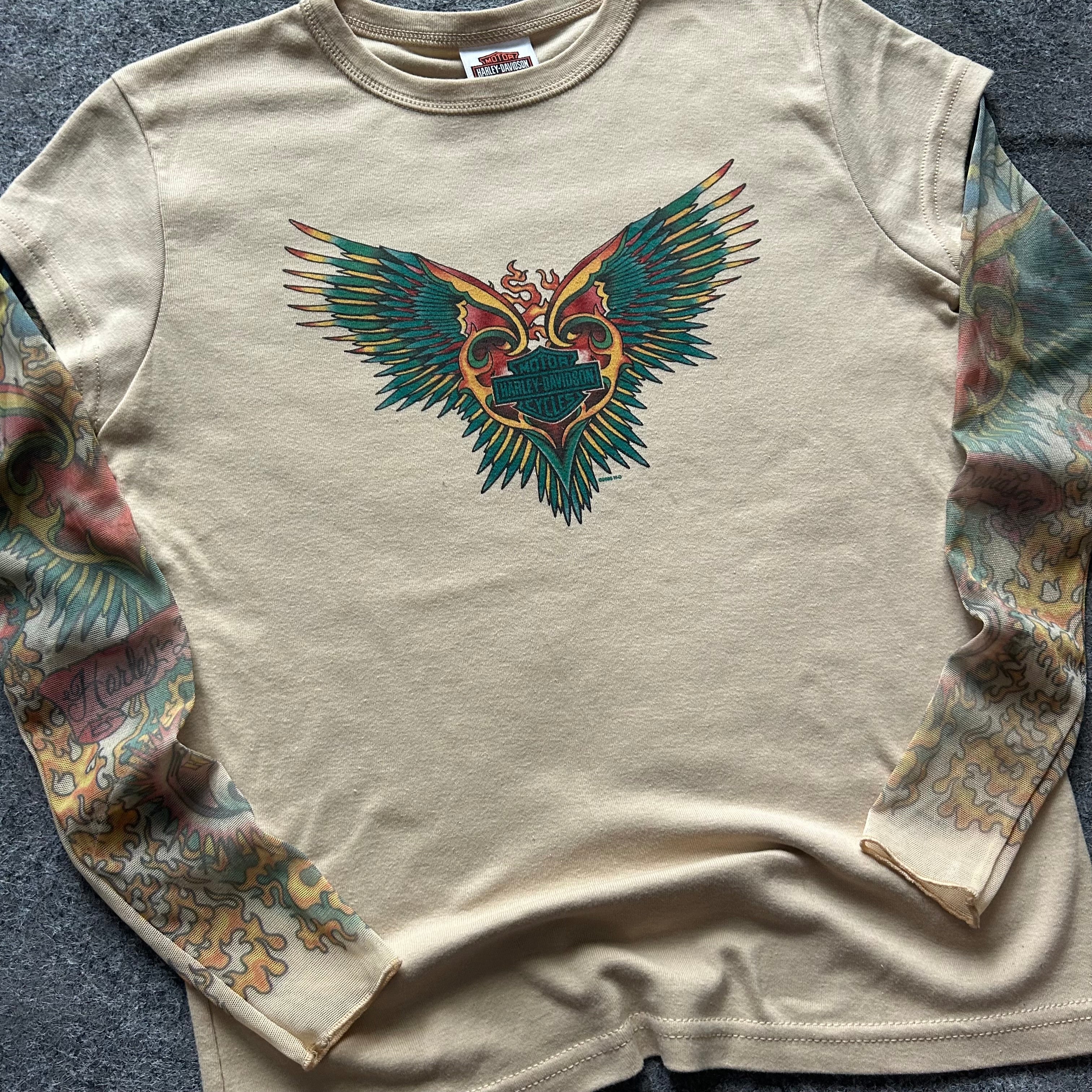 Vintage Harley Davidson Y2K Tattoo Print Women’s Long Sleeve Shirt