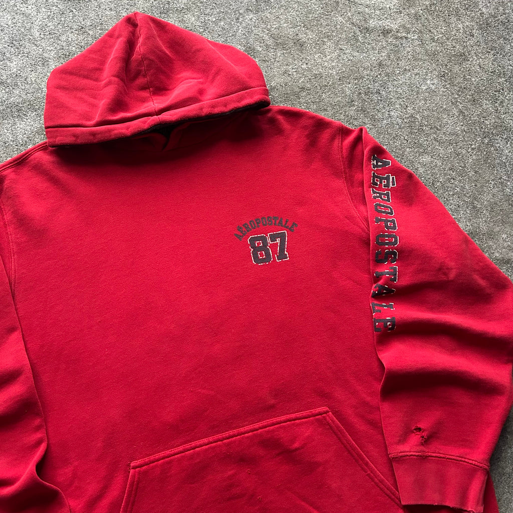 Vintage Distressed Aeropostale 87 Red Sleeve Spell Out Hoodie