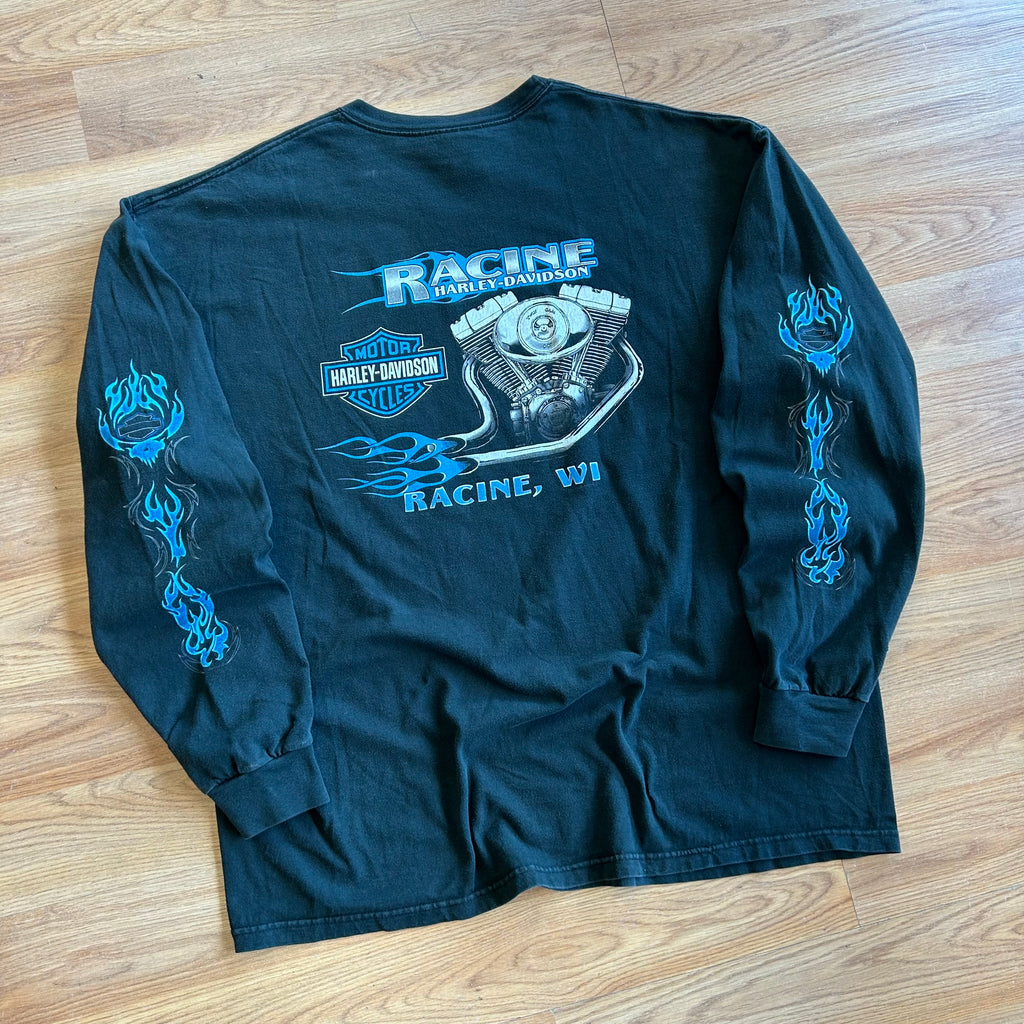 Vintage Harley Davidson Blue Flame Long Sleeve Shirt - Size XL