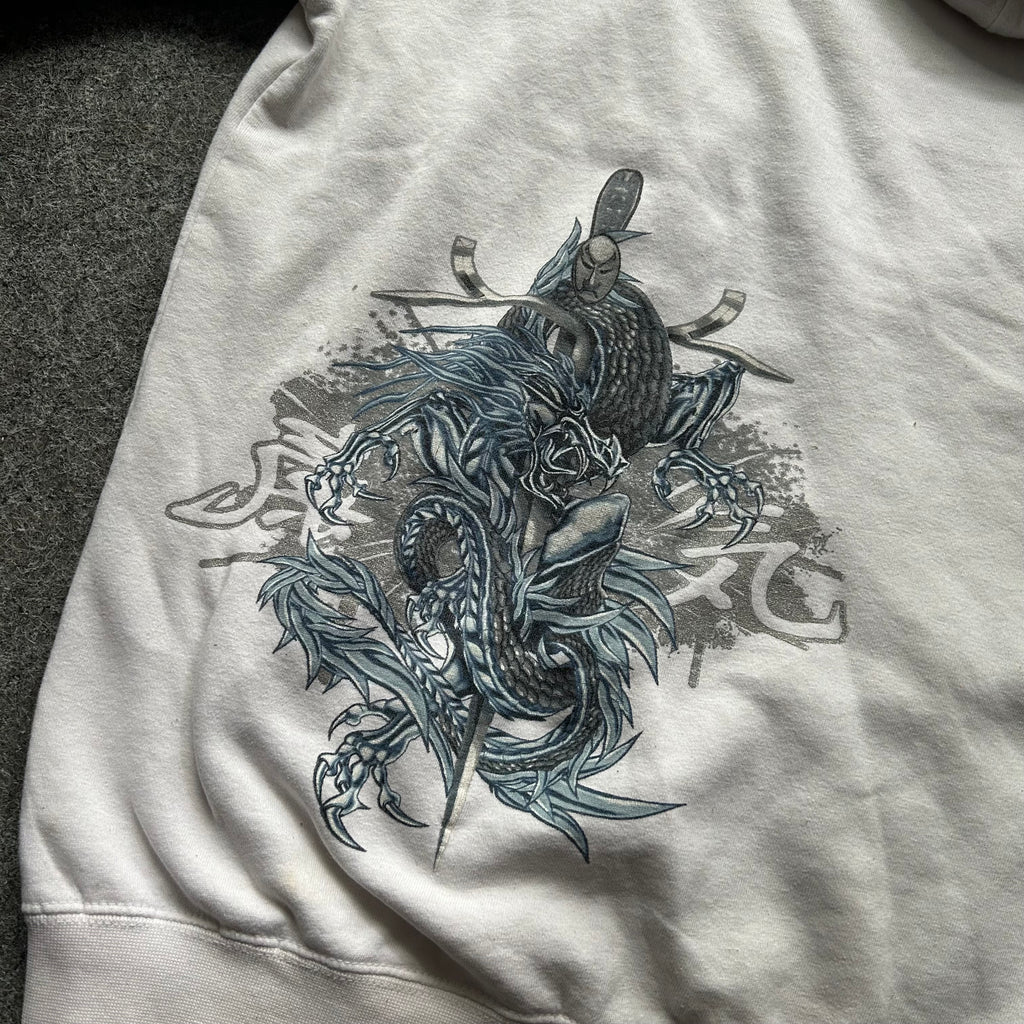 Vintage Y2K Top Heavy White Dragon Hoodie