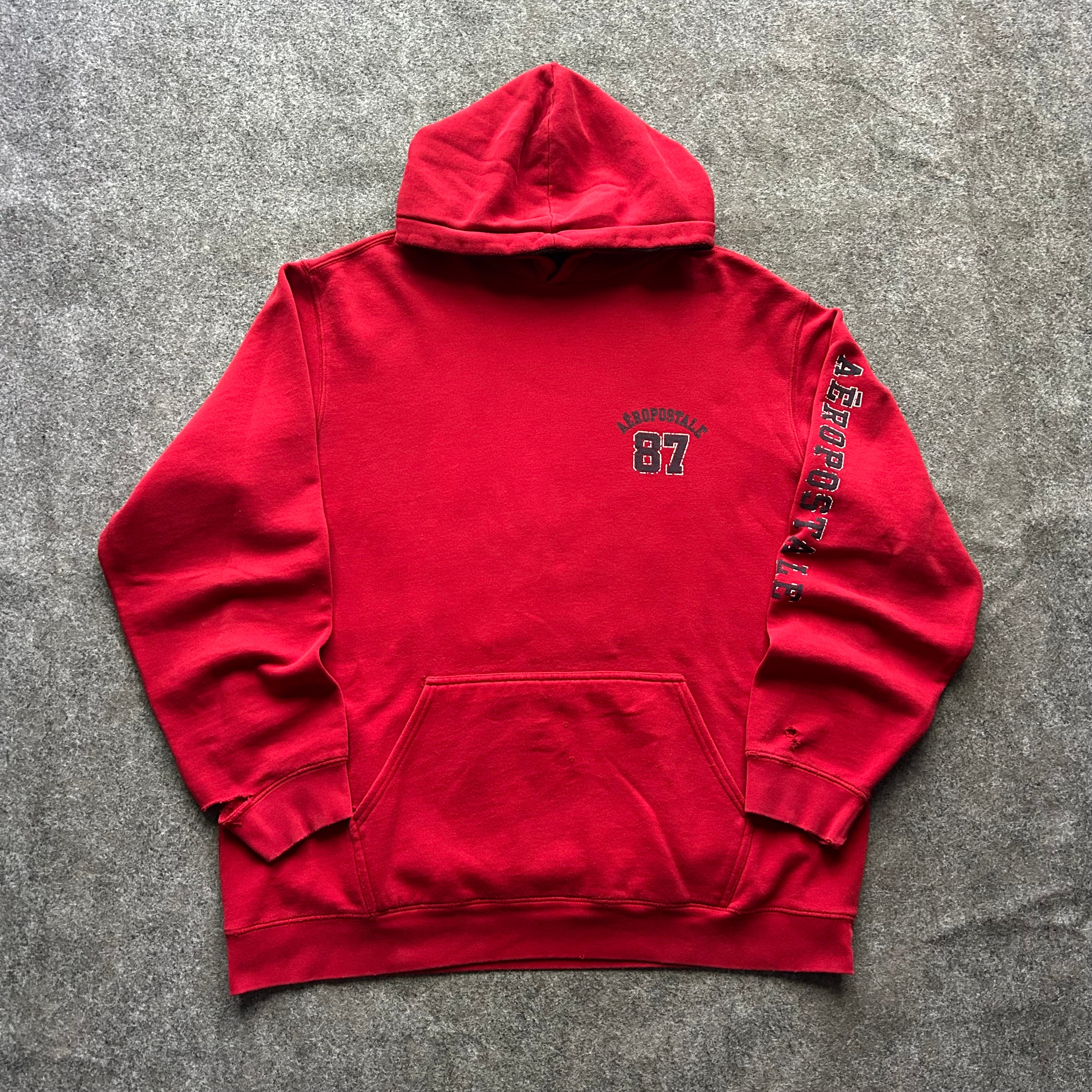 Vintage Distressed Aeropostale 87 Red Sleeve Spell Out Hoodie