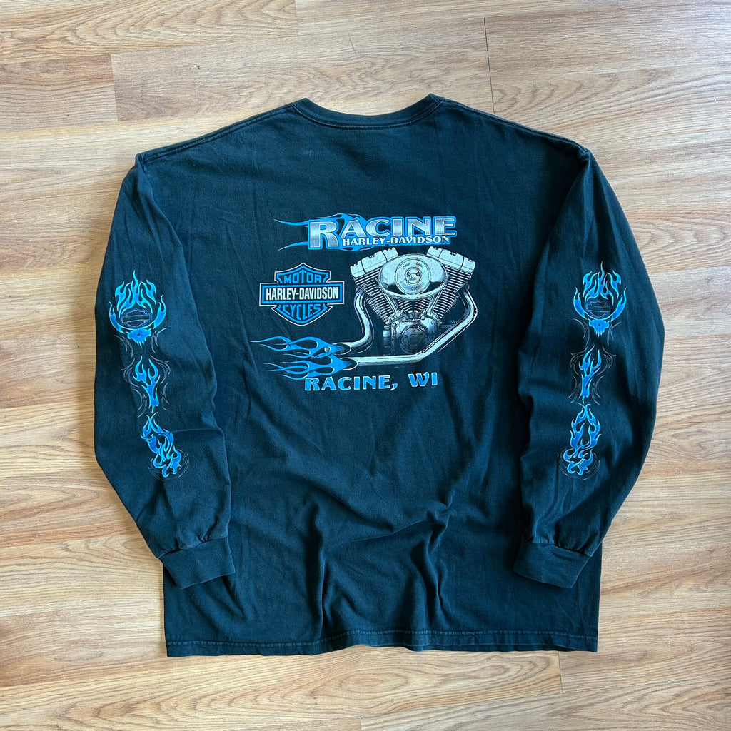 Vintage Harley Davidson Blue Flame Long Sleeve Shirt - Size XL