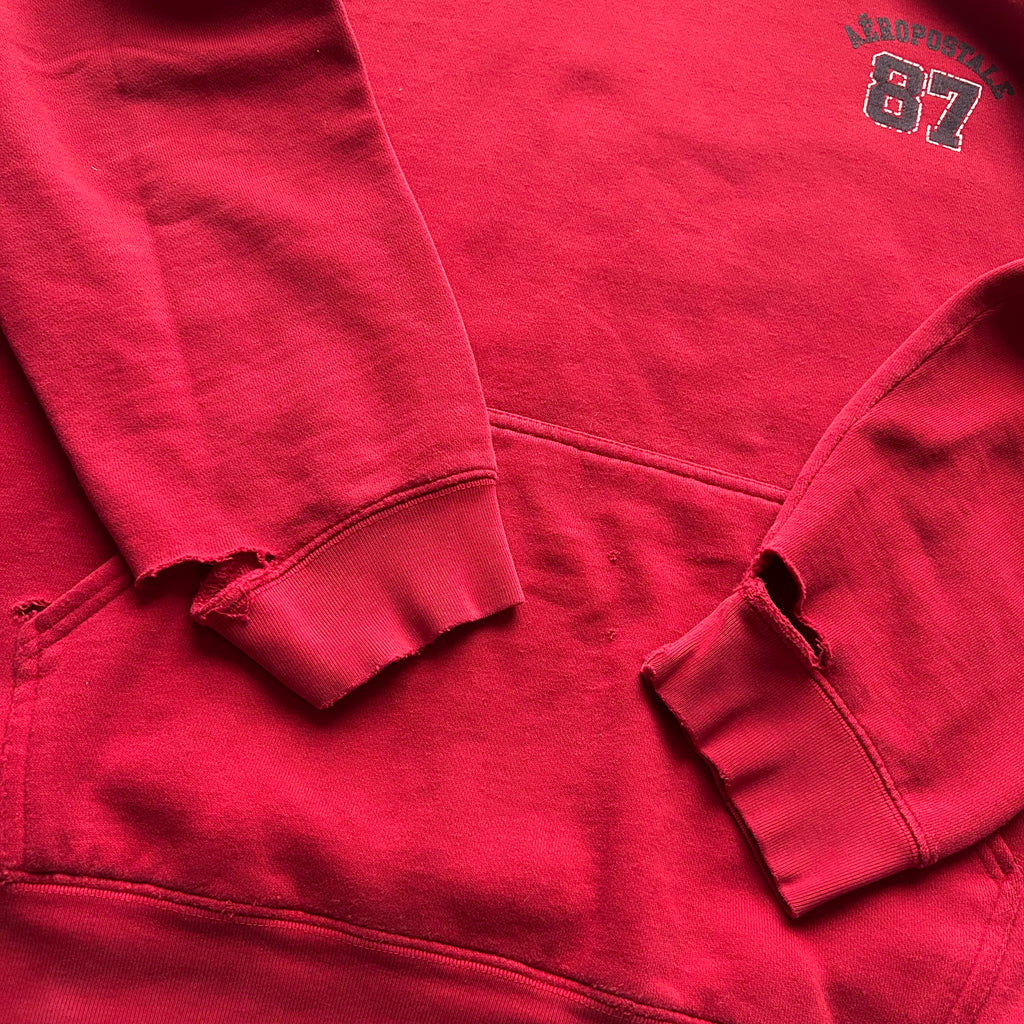 Vintage Distressed Aeropostale 87 Red Sleeve Spell Out Hoodie
