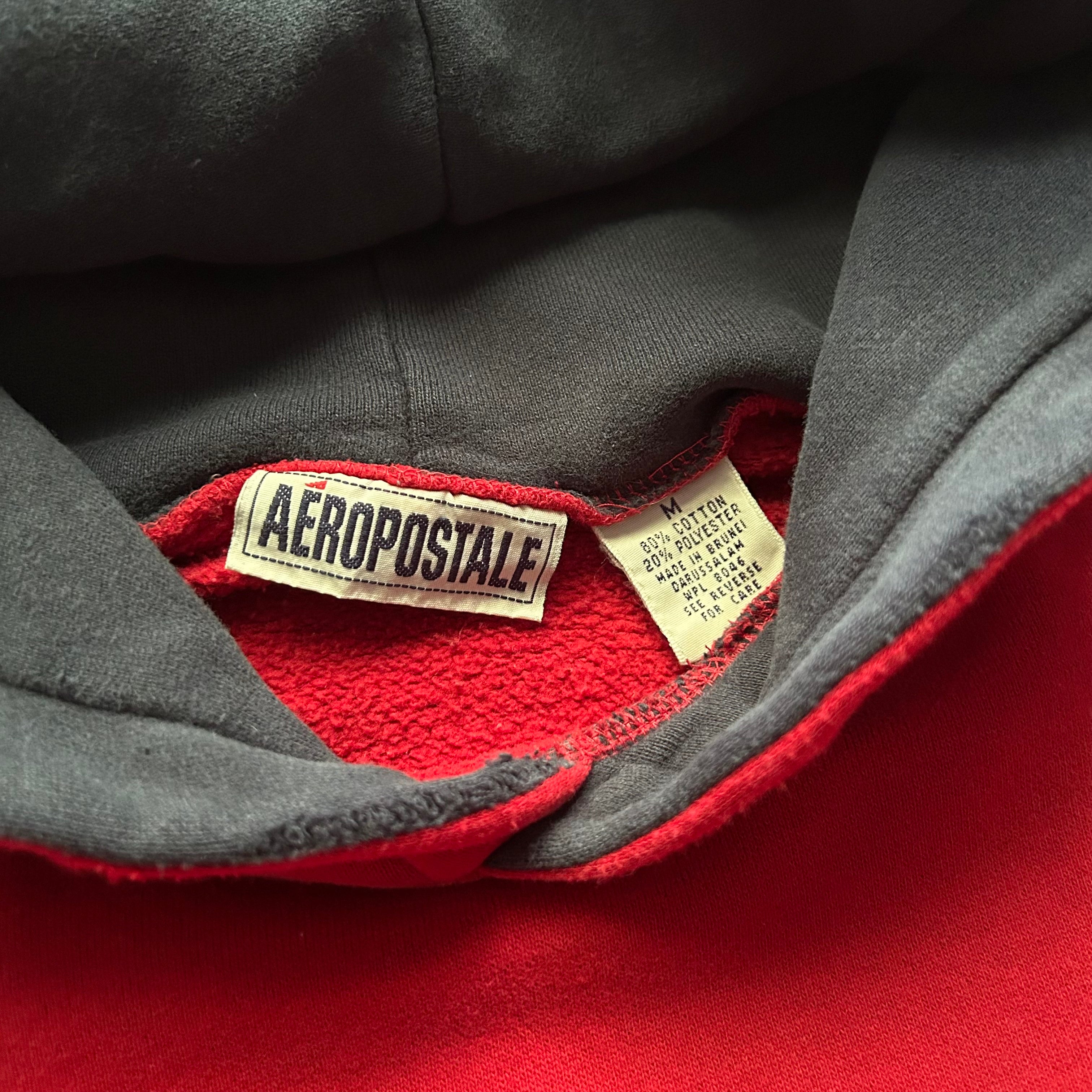 Vintage Distressed Aeropostale 87 Red Sleeve Spell Out Hoodie